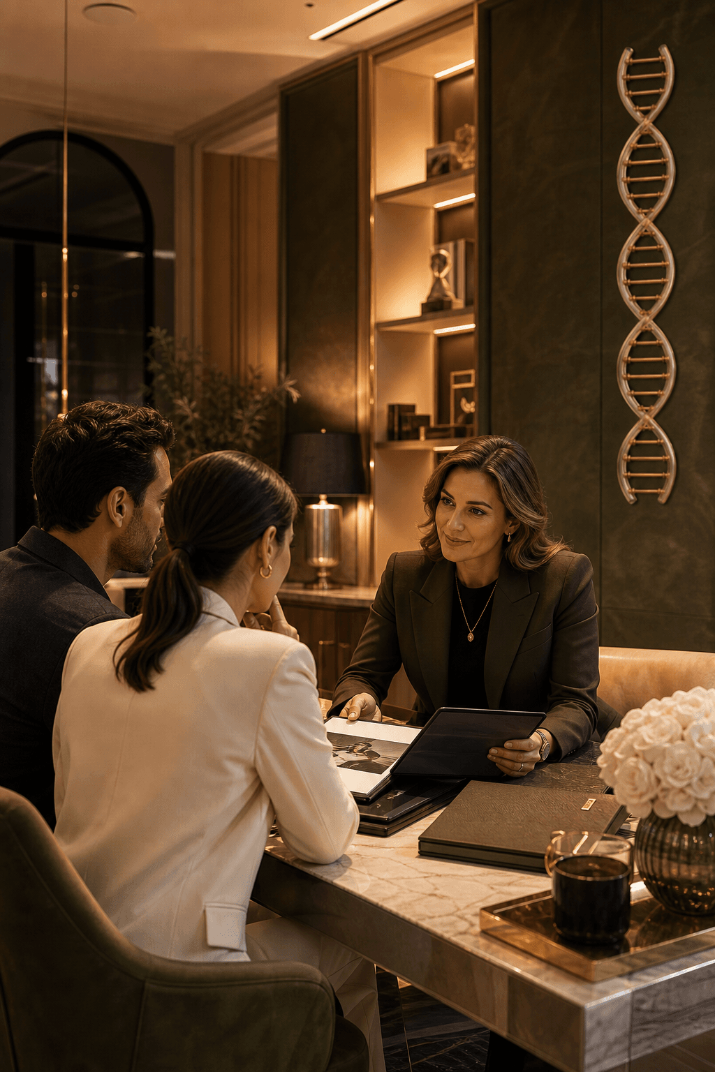 A calm clinician desk with a DNA report on a tablet, counseling notes, and medical tools