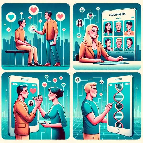 An infographic depicting the journey from traditional dating to DNA-based matchmaking.